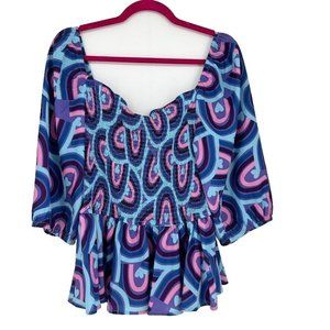 Little Party Joelle Cool Rainbows Blouse Womens 16 Blue Heart Smocked Groovy